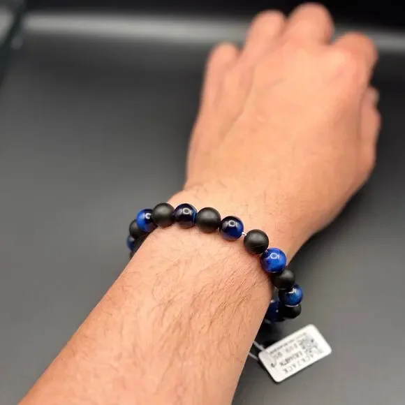 Blackjack BJB244BTN Men’s Blue Tiger Eye Onyx Beaded Bracelet 10mm NIBWT